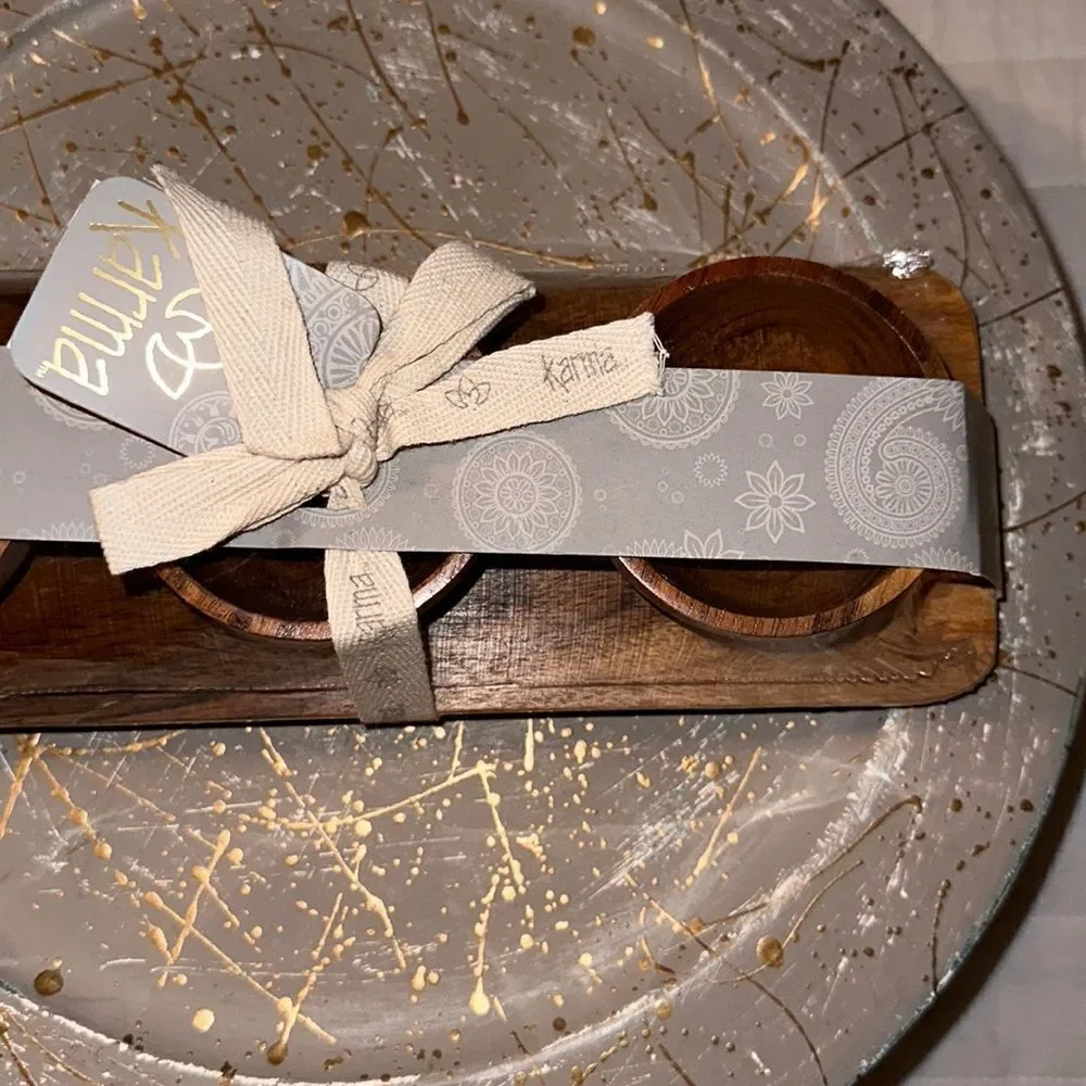 Karma Set of 3 piece Teak Wooden Condiment Dipping Bowls with a Serving Tray